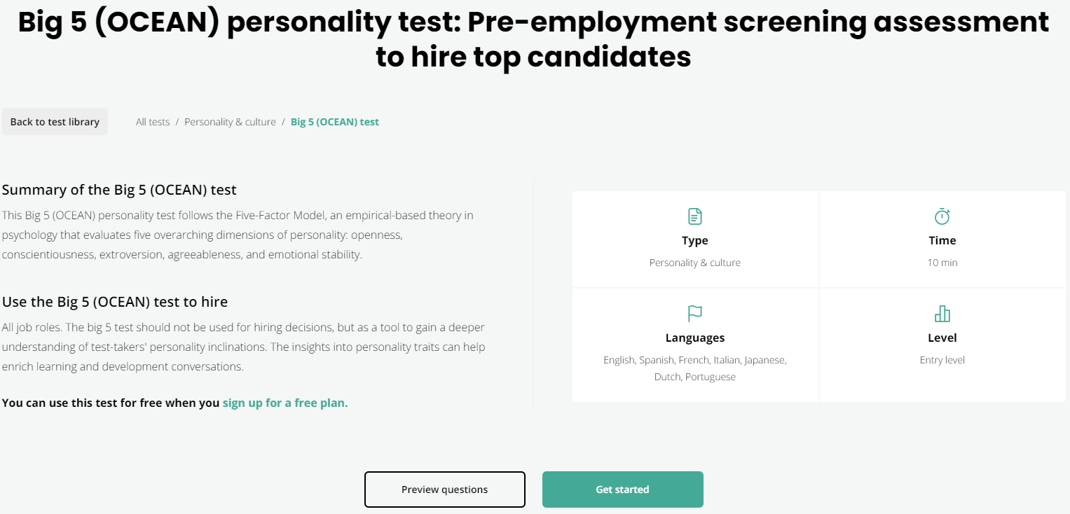 Big 5 (OCEAN) personality test